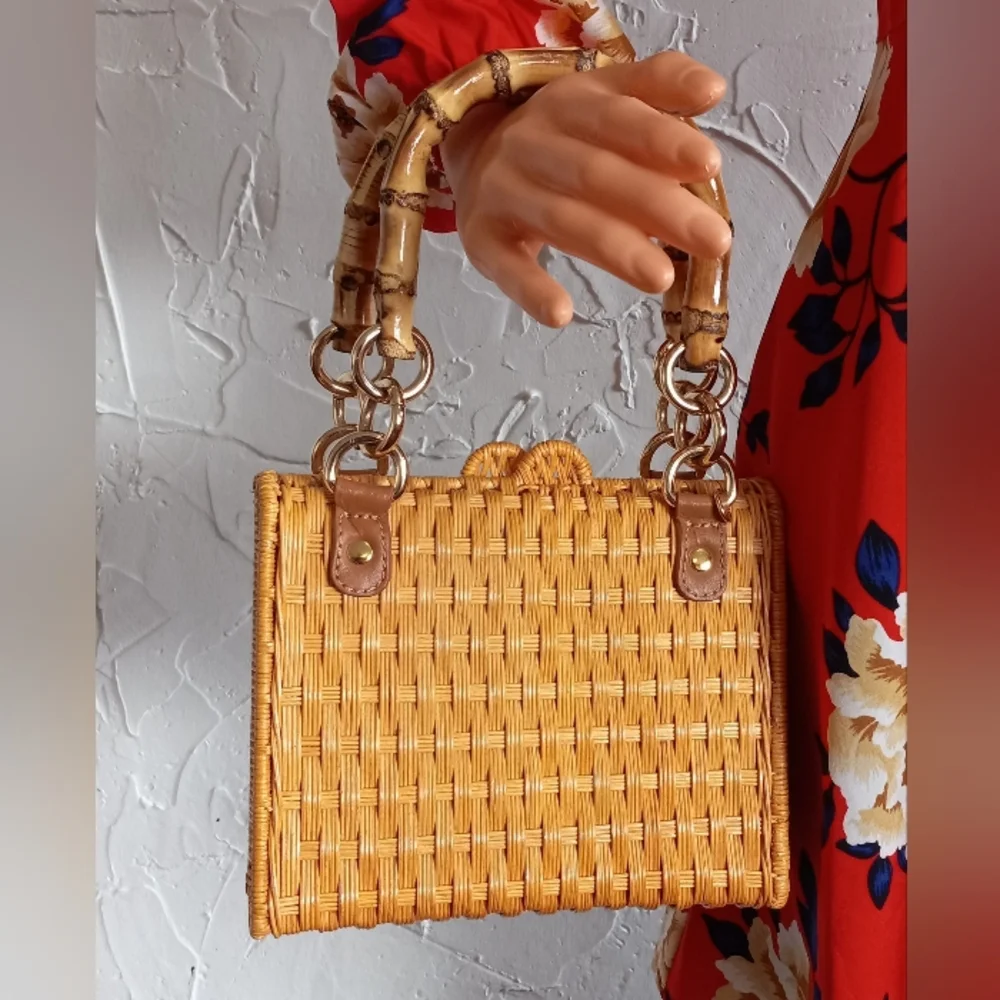 Serpui Paola Wicker Bag with Bamboo handles & strap. MSRP $398